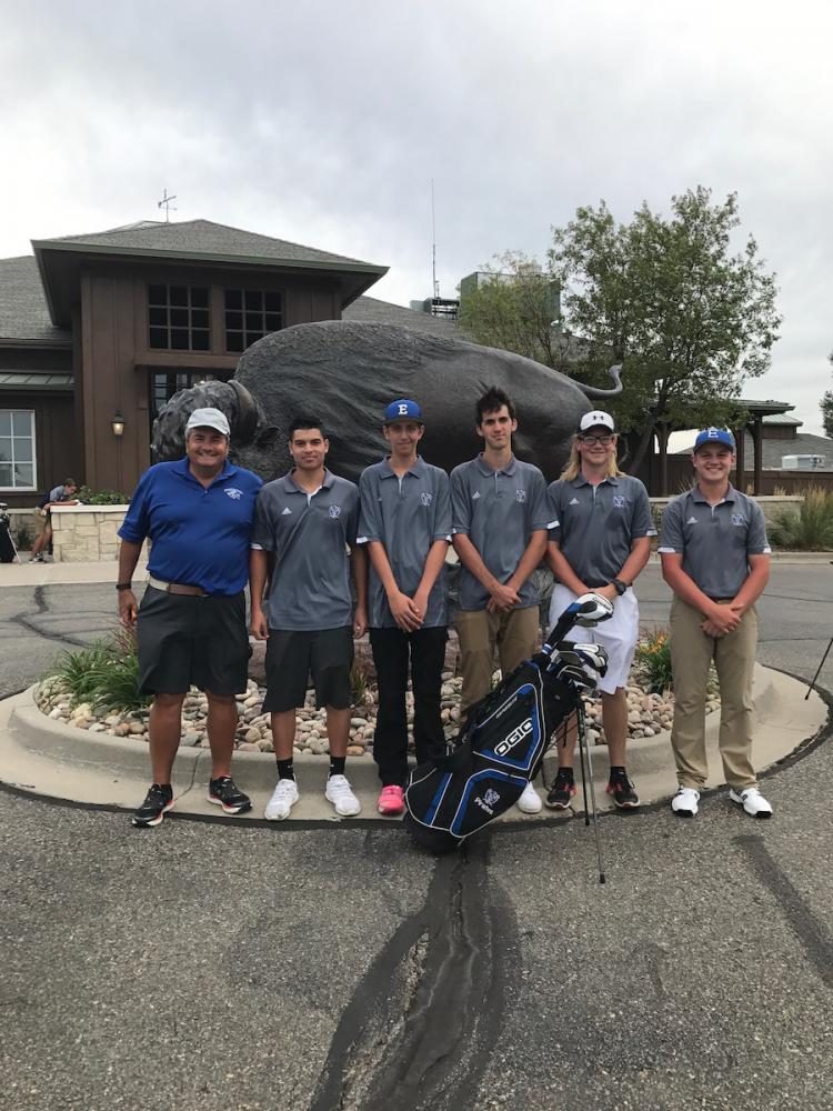 EHS golf team at Buffalo Run in Commerce City. (l-r) Coach Bill Ambron, Joseph Rivera-Martinez (12), Bryton Douglas (10), Chaice Soderstrom (12), Spencer Freemire (12), Thomas O'Connor (11).
