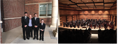 (l-r) Joseph Westerfield, Band leader Phil Emery and Jakob Garcia at the All-state performance. (r) The All-state band and All-State orchestra performing in March. 