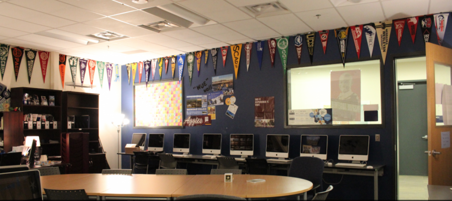 College banners line the ceiling in the Career Center at EHS.