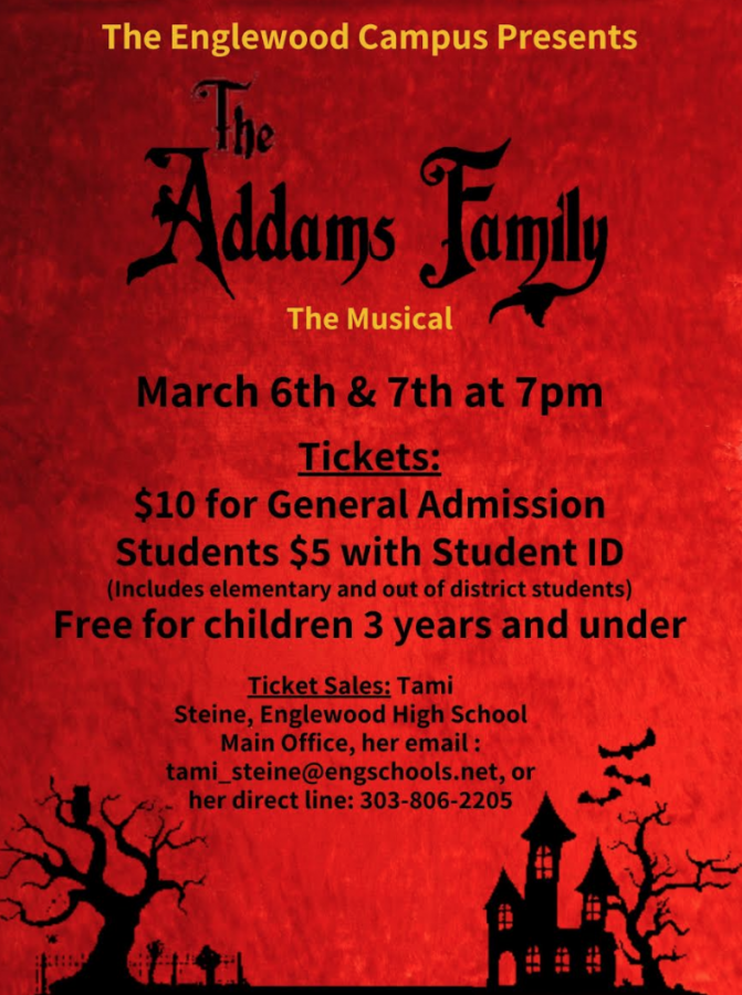 Poster for the Addams Family that includes the prices, show dates and location of the play. 