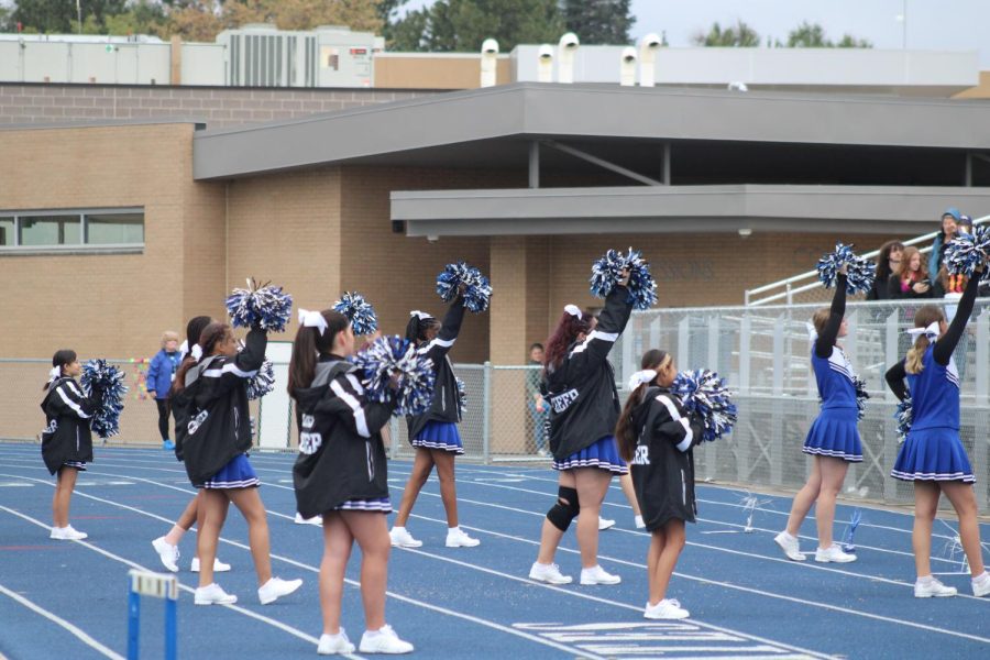 The cheer squad brings spirit to the crowd with chants and cheers and stunts. 