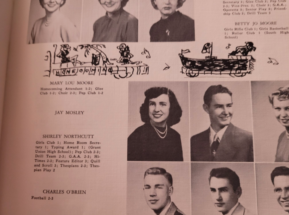 Pulled from the 1946 EHS yearbook, the page shows drawings depicting a homecoming parade of sorts. For many years, EHS students decorated floats and made their way down Broadway for all the city to see. Covid-19 ended that tradition, however, students now parade through K-8 schools in Englewood to show school spirit. 