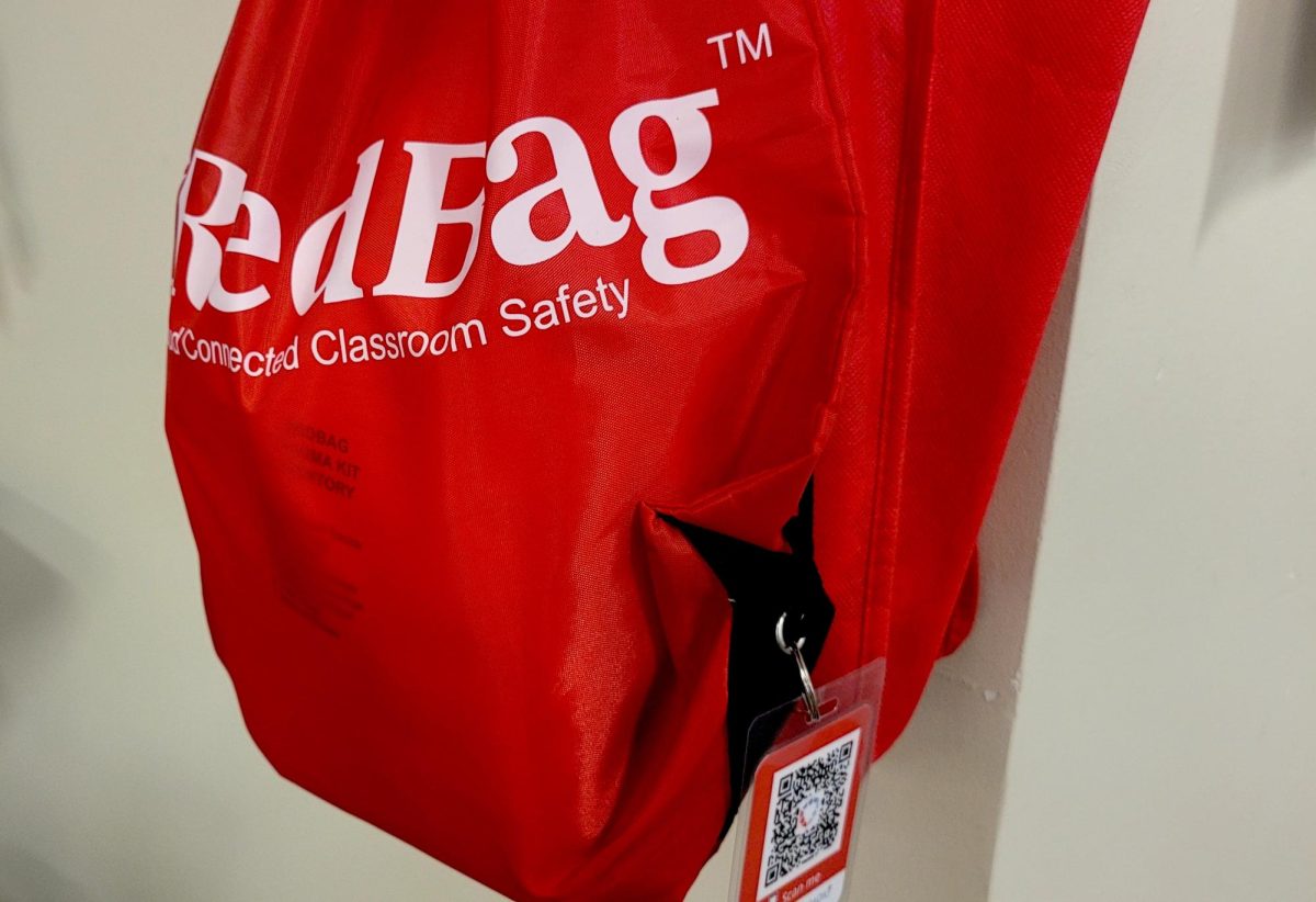 The RedBag emergency system is a QR code based communication method. The bag and/or QR codes are in every room with a door. 