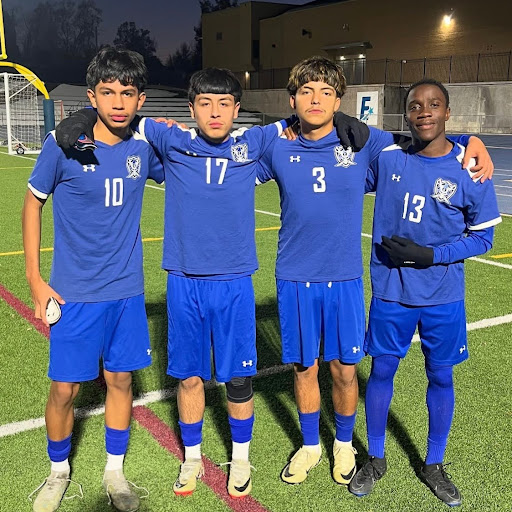 Frontier League All-Star players from Englewood High School (l-r) Anthony Mendoza, Oscar Ruiz-Reed, and Nana Essel-Arhinful. 