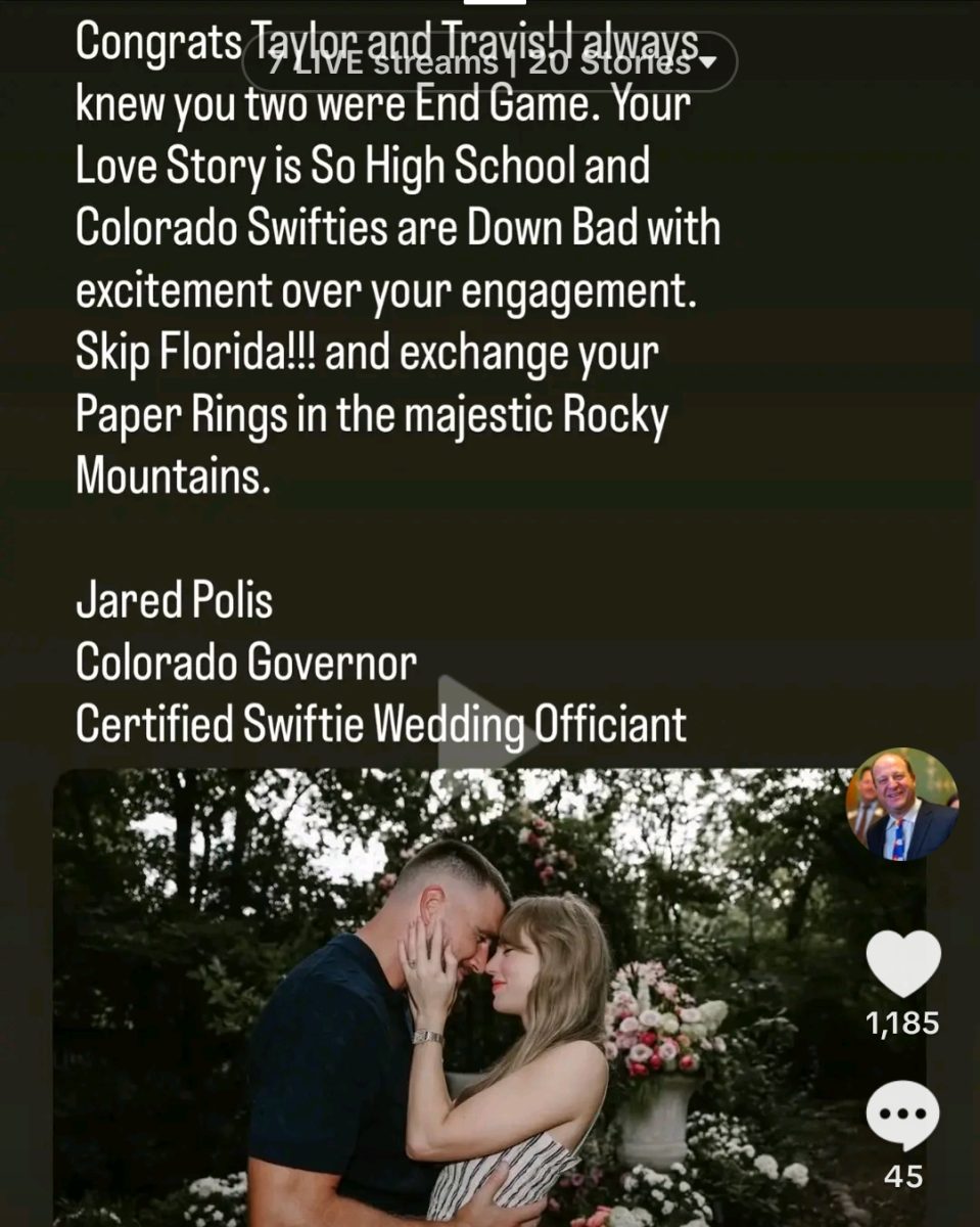 Colorado governor Jared Polis wishes the couple congratulations on his Instagram account and invites Swift and Kelce to tie the knot in Colorado. 