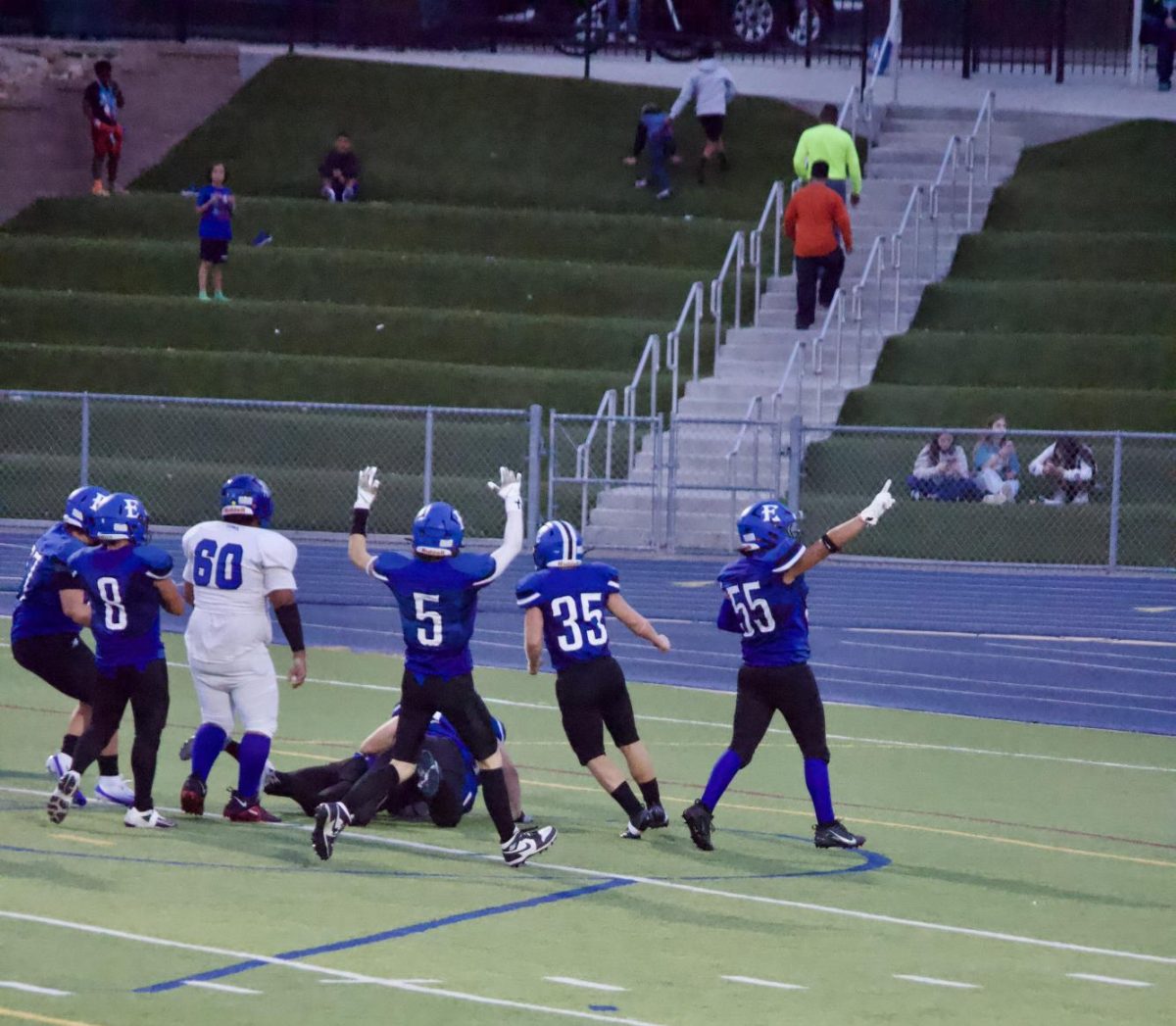 Varsity football pushed to the end zone in its game against Hinkley High School on August 29. The final score, 63-6
